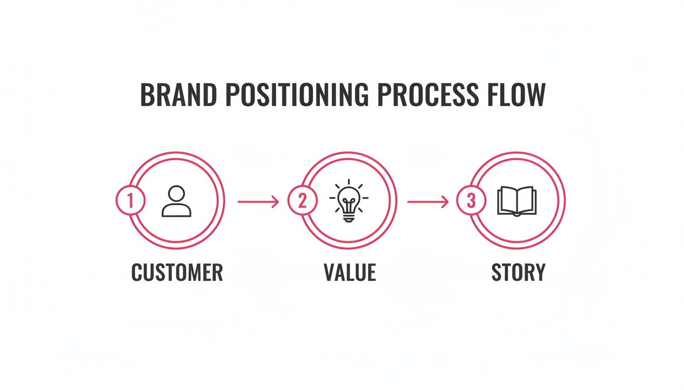 Flowchart illustrating the brand positioning process, showing steps: Customer, Value, and Story.