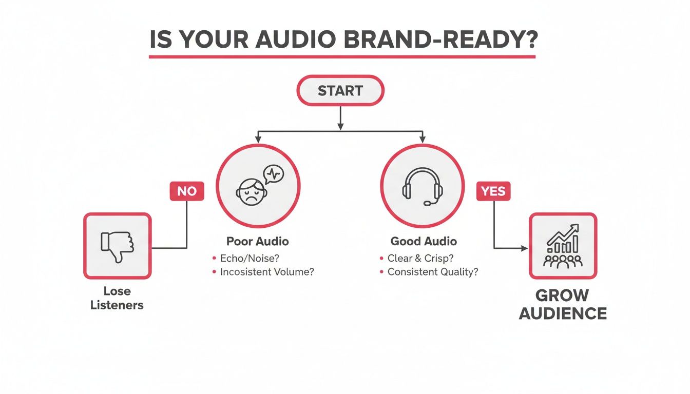 Flowchart showing how good audio quality helps grow an audience, while poor audio leads to losing listeners.