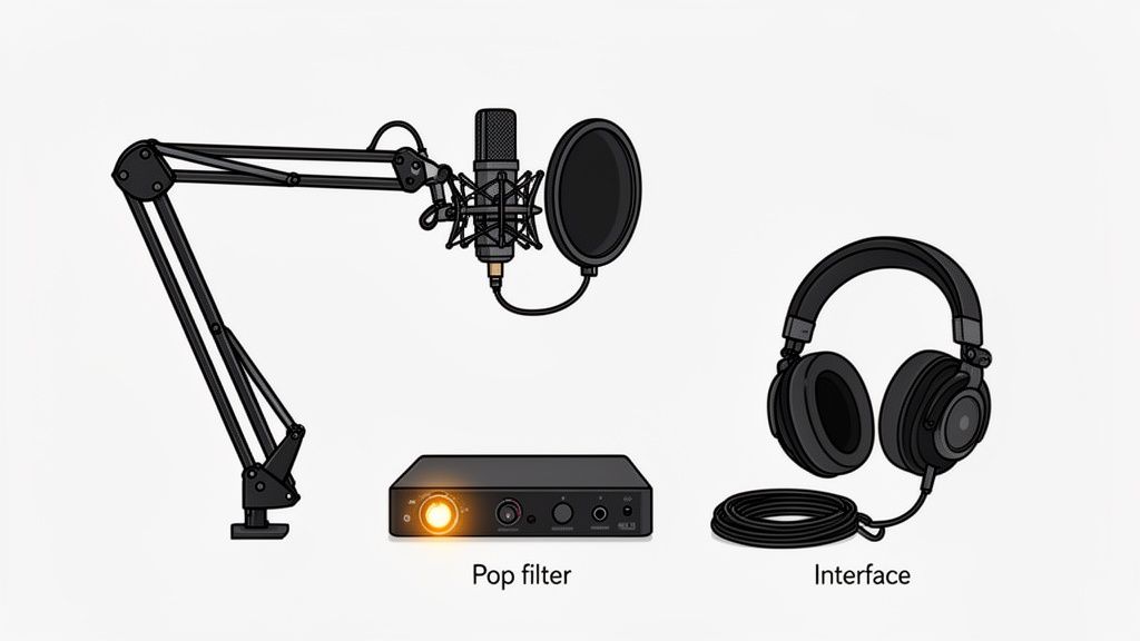 A complete podcasting setup featuring a microphone on a boom arm with a pop filter, an audio interface, and headphones.