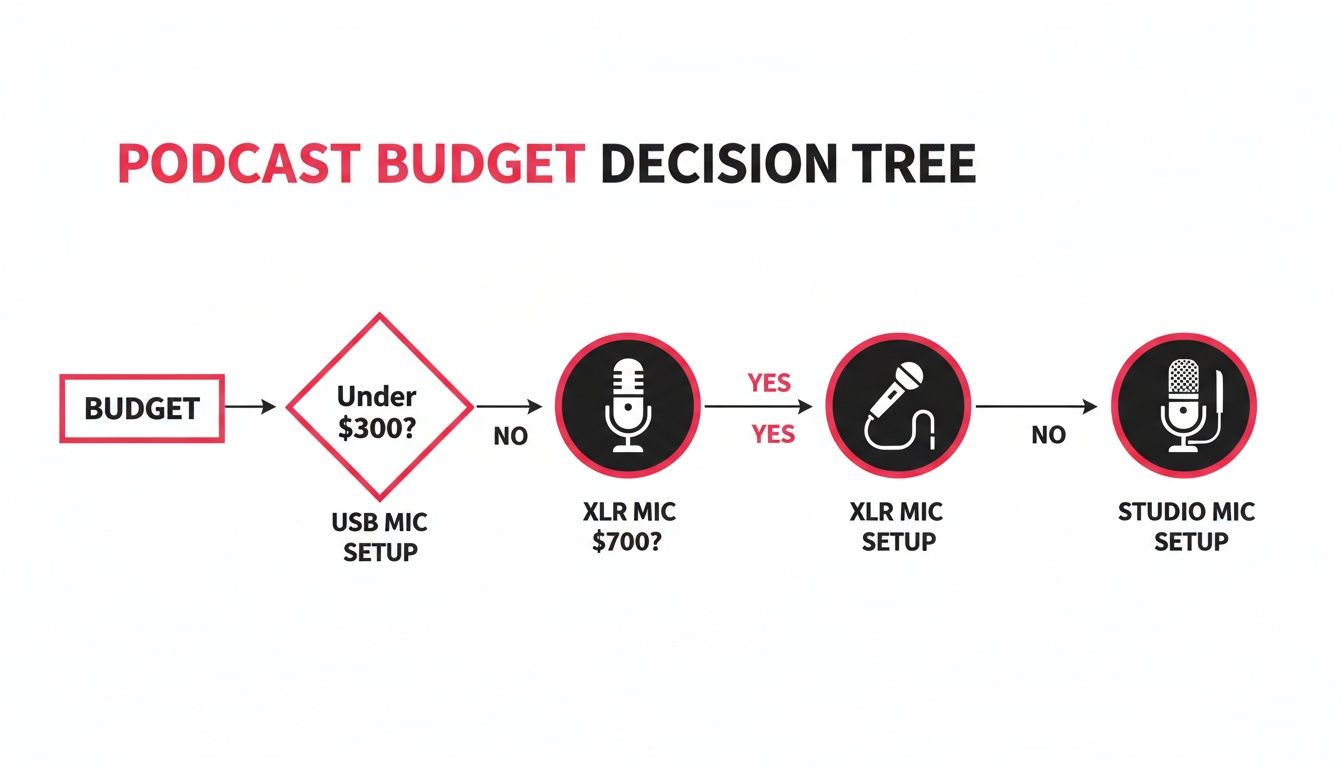 Podcast budget decision tree illustrating choices for microphone setups like USB, XLR, and studio.