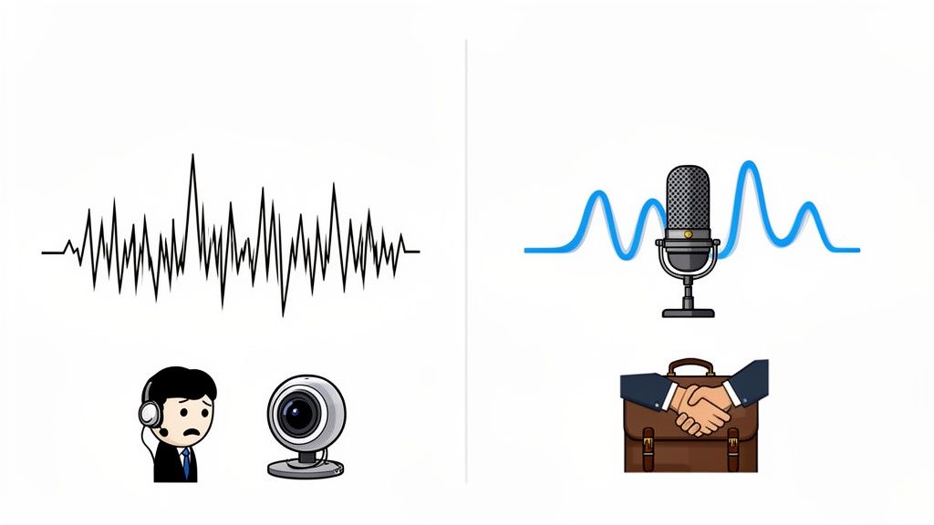 Visualizing the journey from poor, noisy audio to clear, professional sound for successful online communication.