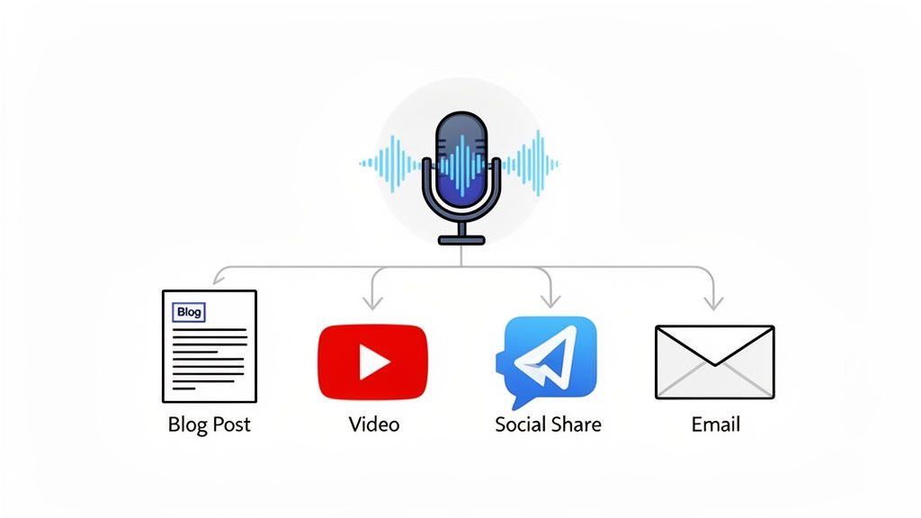 A diagram shows a microphone icon branching into a blog post, video, social share, and email, illustrating podcast content repurposing.