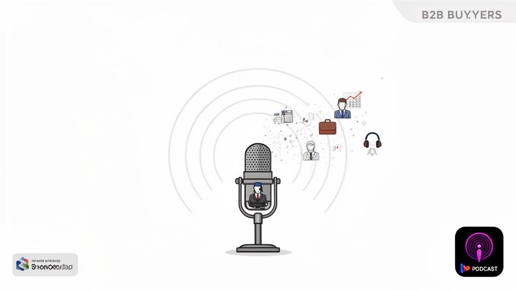 Illustration of a podcast microphone broadcasting business content to B2B buyers.