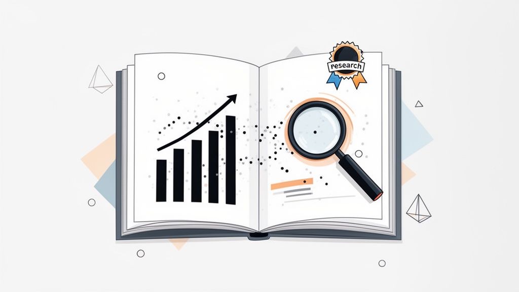 Open book showing a growth chart, magnifying glass over data, and a 'research' badge.