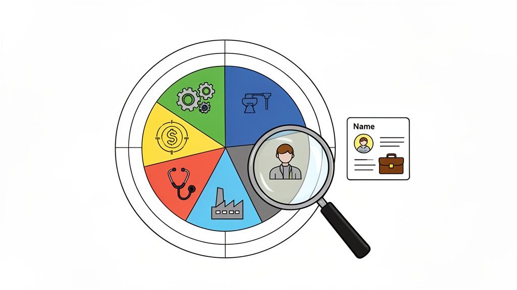 A magnifying glass highlights a person on a segmented wheel representing various industries and a resume.