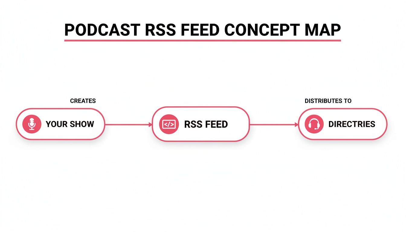 A concept map showing that your podcast show creates an RSS feed, which then distributes to directories.