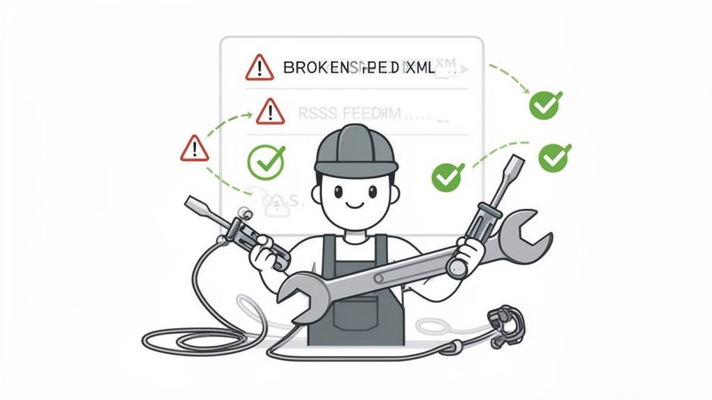 A cartoon mechanic fixes broken XML and RSS feed issues, turning warning signs into green checkmarks.
