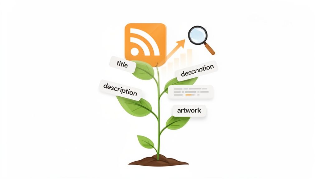 An RSS feed icon growing as a plant with 'title,' 'description,' and 'artwork' leaves, symbolizing podcast growth and SEO.