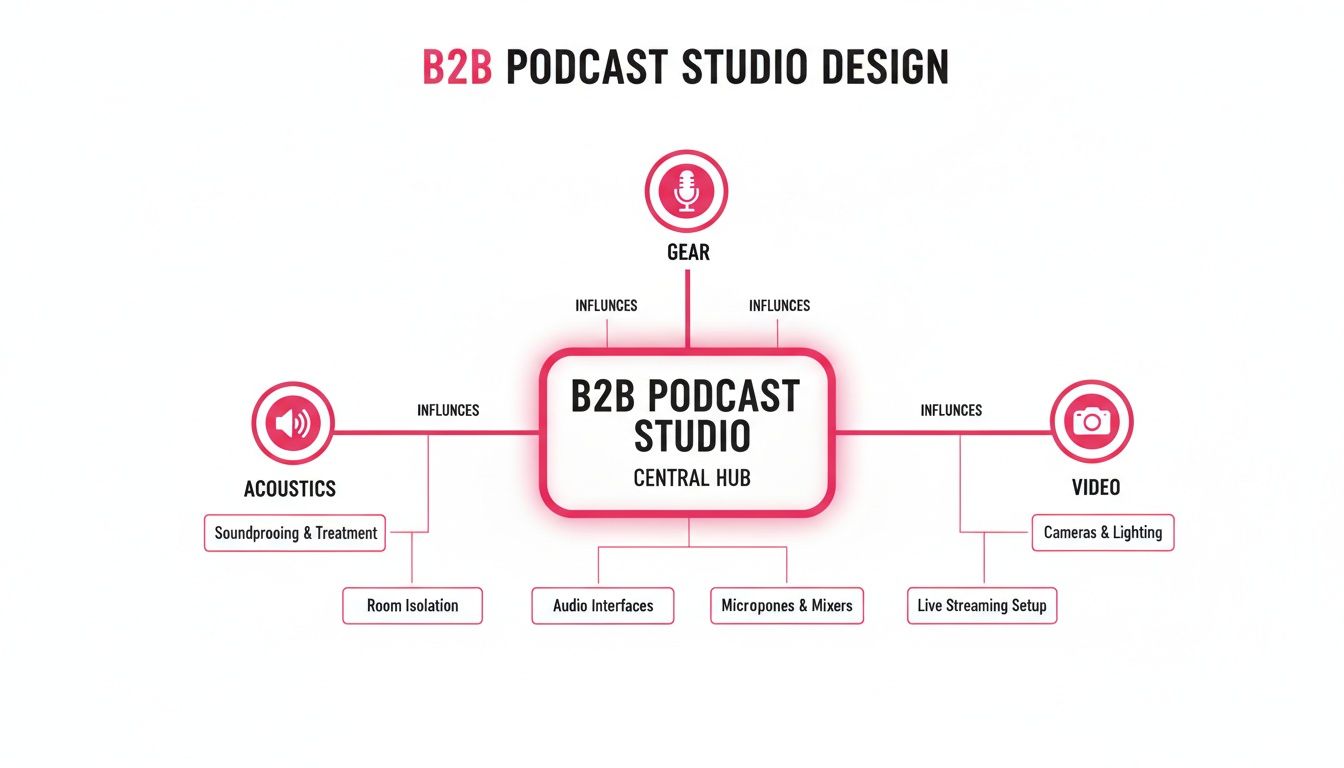 Diagram illustrating B2B podcast studio design, central hub influenced by gear, acoustics, and video components.