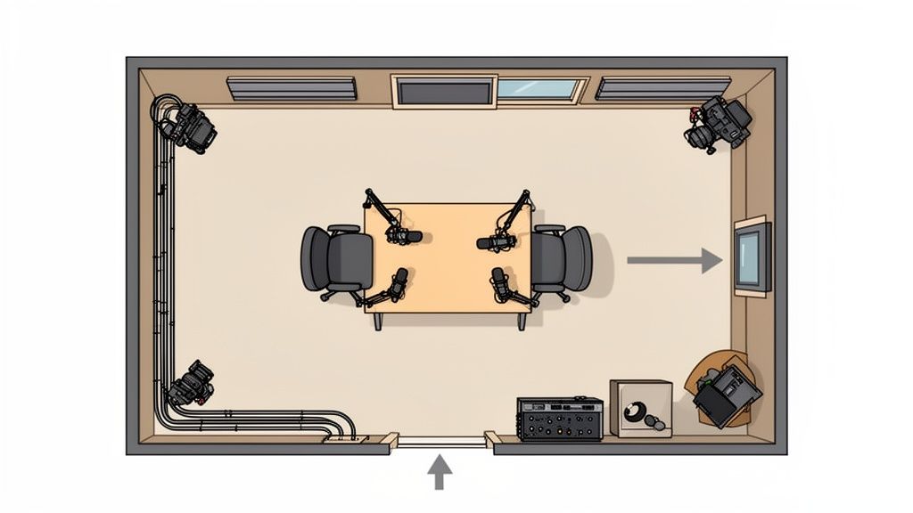 Overhead view of a podcast studio layout featuring a table, four chairs, microphones, and cameras.