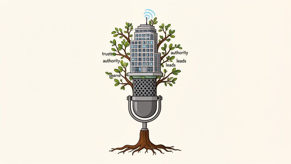 Skyscraper on a podcast microphone, surrounded by leaves labeled trust, authority, and leads, with a wireless signal.