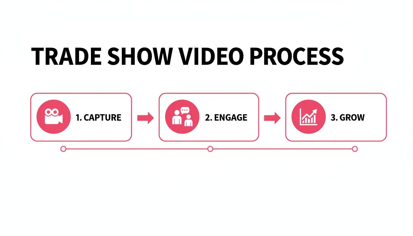 Flowchart showing a three-step trade show video process: Capture, Engage, Grow with icons.