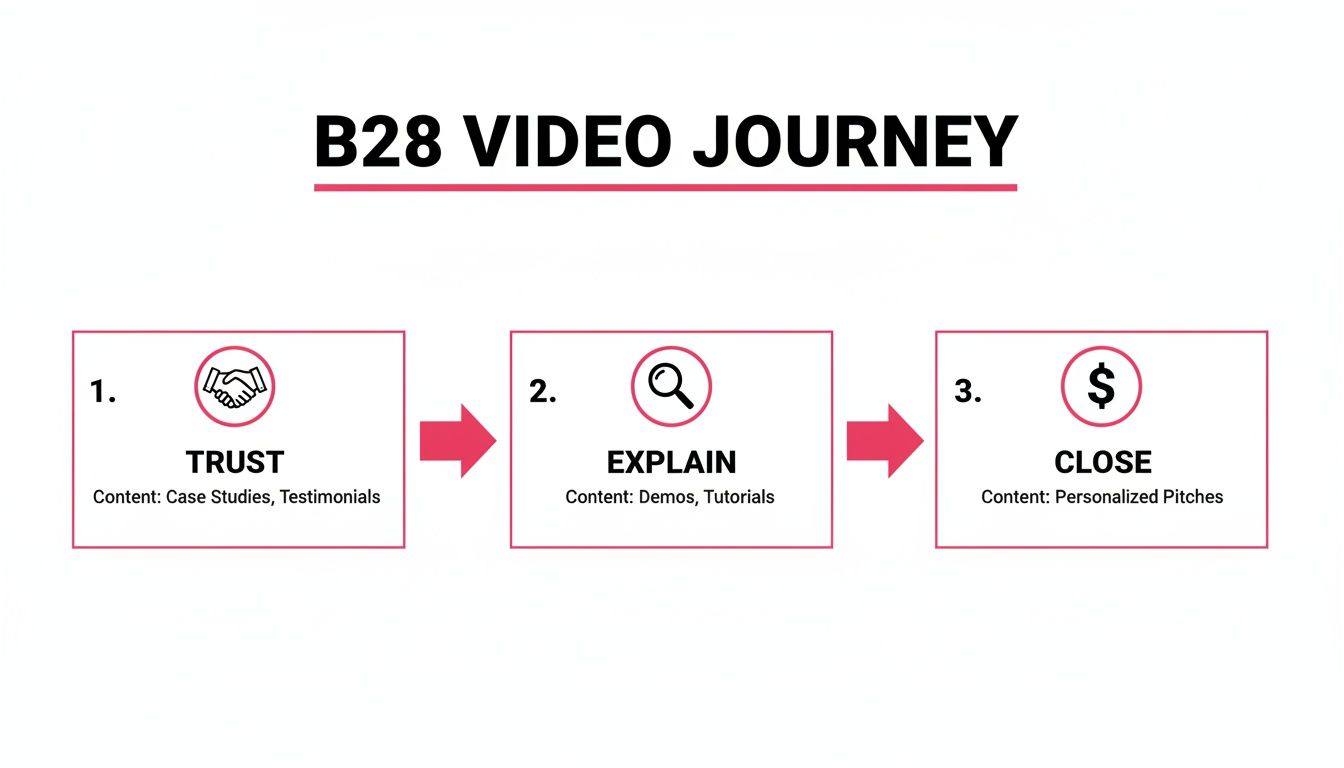 A B28 video journey illustrating three stages: Trust, Explain, and Close, with corresponding content types.