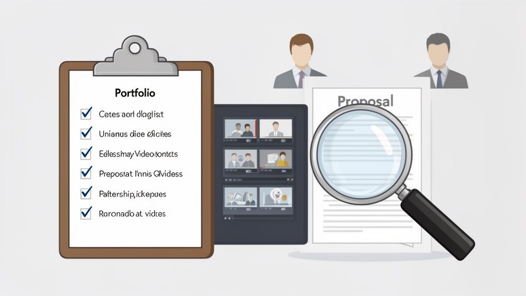 A corporate scene with a portfolio checklist, video calls on a tablet, a proposal, and user icons.