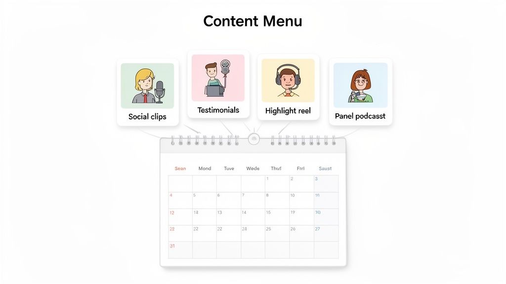 Content menu for event videography, linking social clips, testimonials, highlight reels, and podcasts to a monthly calendar for planning.