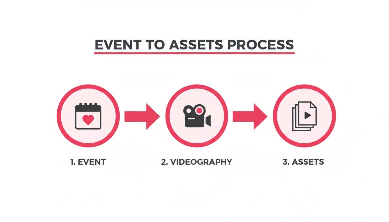 A diagram illustrates the event to assets process, showing steps from event to videography to final assets.