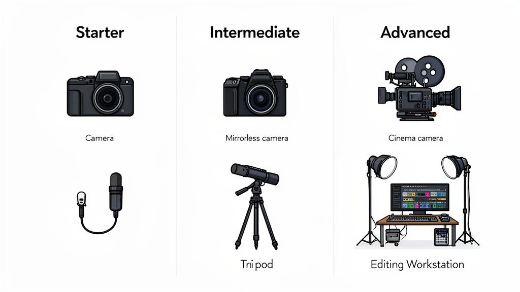 A visual guide showcasing various filmmaking setups and equipment categorized by starter, intermediate, and advanced levels.