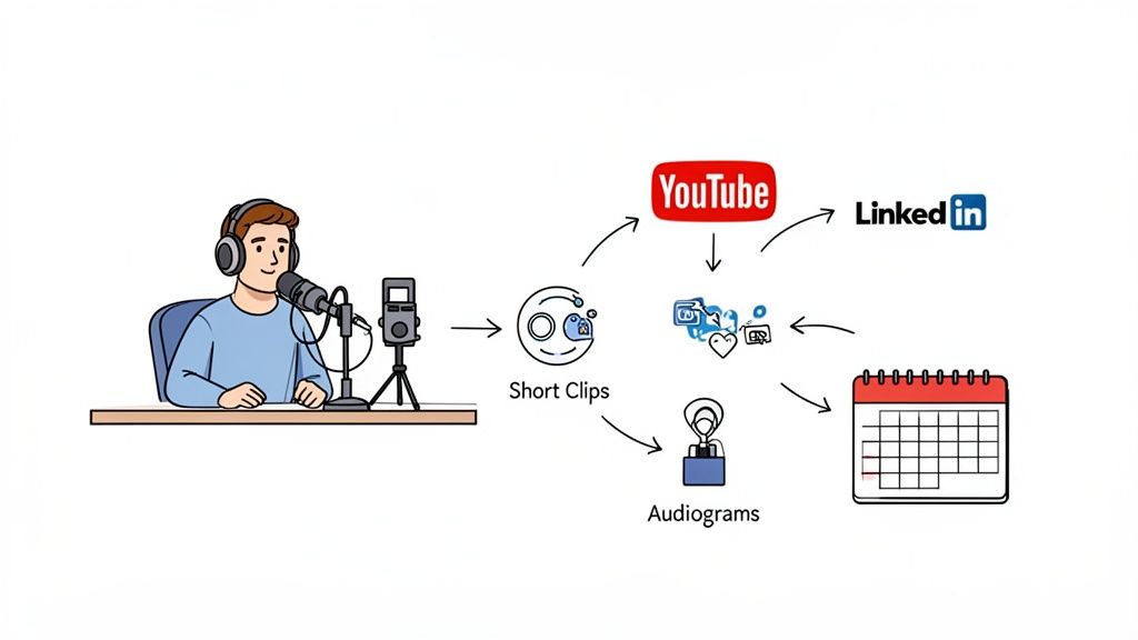 A podcaster's content workflow: recording, creating short clips/audiograms, distributing to YouTube/LinkedIn, and planning with a calendar.