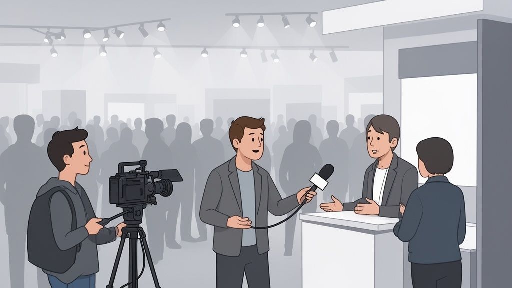 A videographer films an interview at a bustling trade show or corporate event, with a reporter and two interviewees.