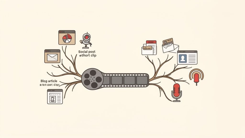 Film strip branching into a mind map showing video content repurposing, including social posts, blogs, and podcasts.