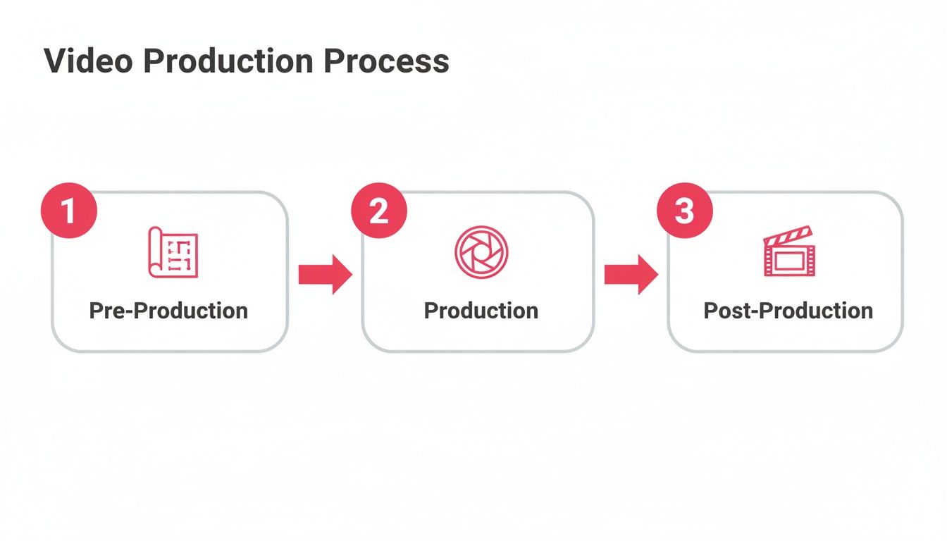 Infographic illustrating the three sequential stages of the video production process: pre-production, production, and post-production.