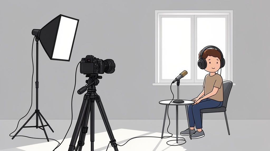 A cartoon person records a video or podcast in a home studio with a camera and softbox.