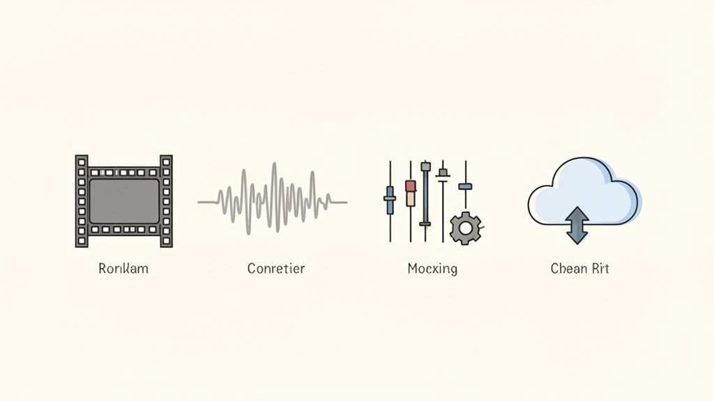 Four minimalist icons depicting film, audio waves, sound mixing, and cloud storage processes.