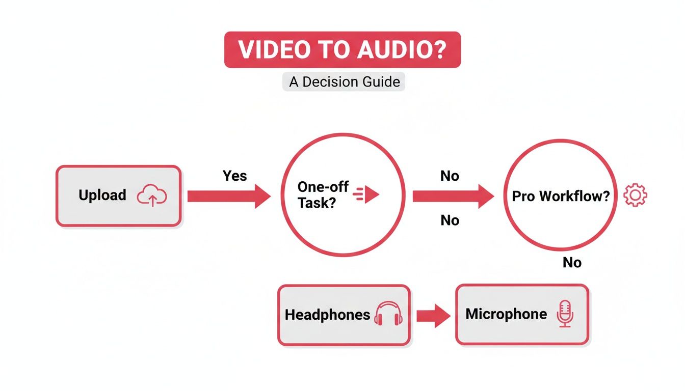 Decision guide flowchart outlining steps to extract audio from video based on task type.