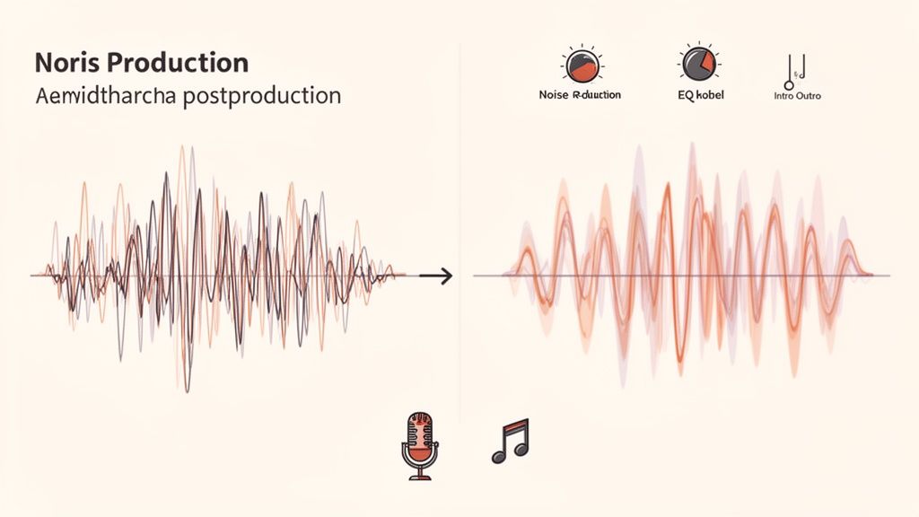 An illustration of audio post-production for Noris Production, featuring soundwave processing and effects.