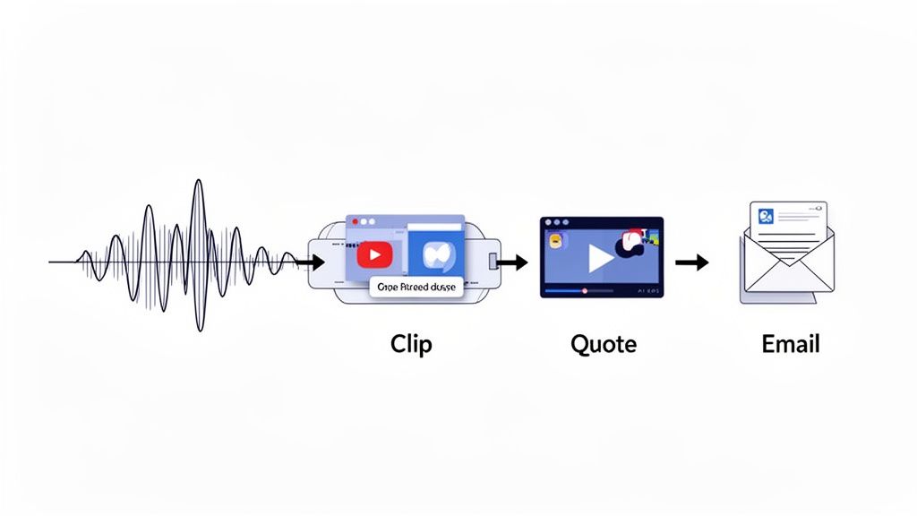 Diagram illustrating a content workflow: from audio waveform to clipping tools, then creating a video quote, and finally sharing via email.