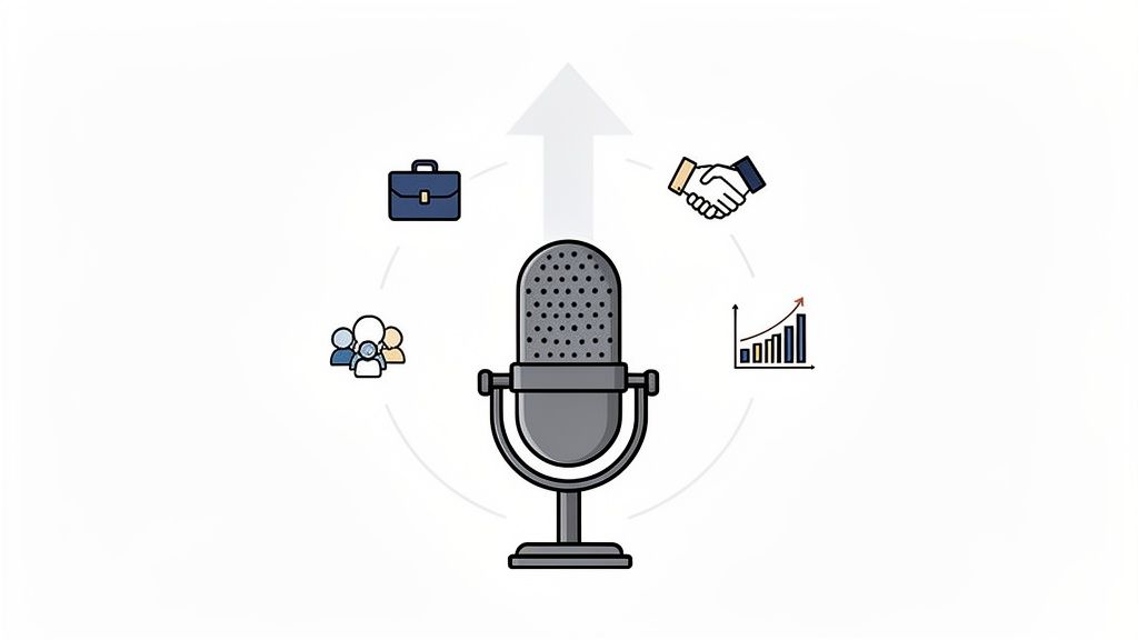 A microphone surrounded by icons representing business, teamwork, partnership, and growth, indicating podcast advantages.
