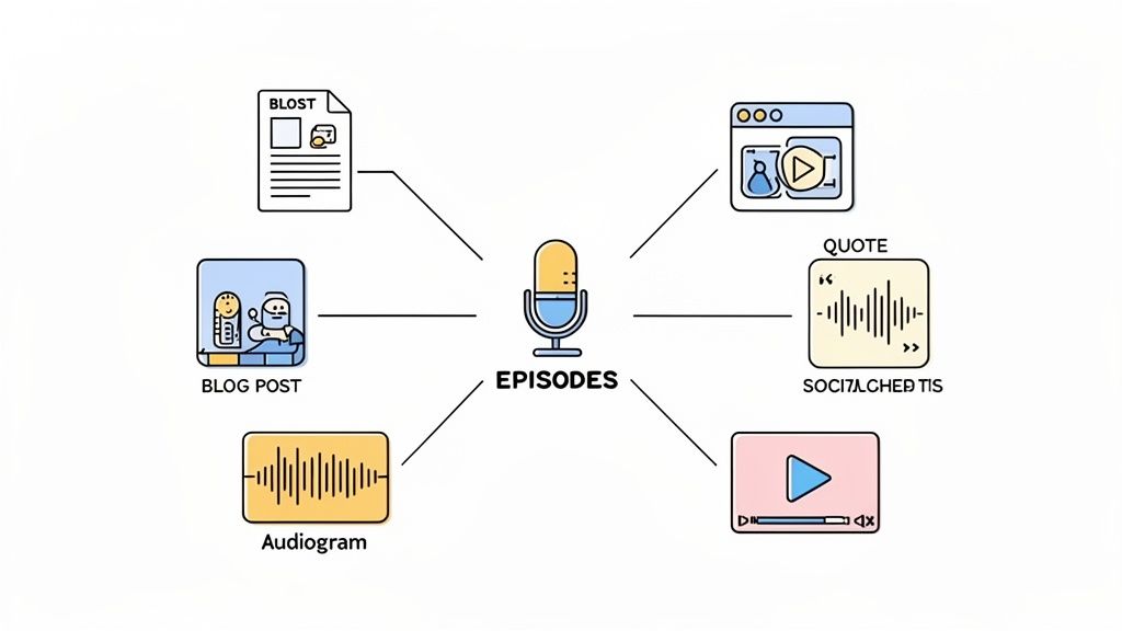 A diagram showing podcast episodes at the center, linked to various content formats like blog posts, audiograms, and social media.