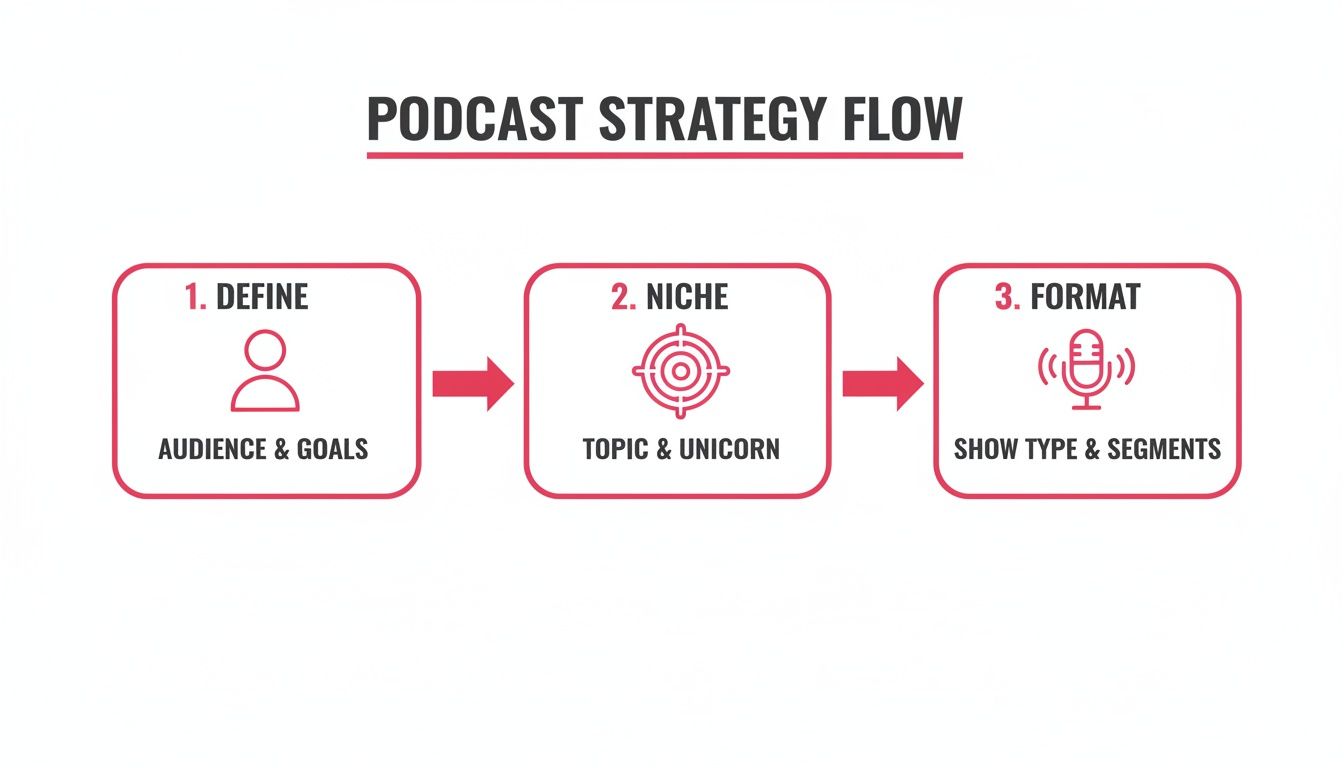 A flowchart showing the three-step podcast strategy: Define audience, Niche topic, and Format show.