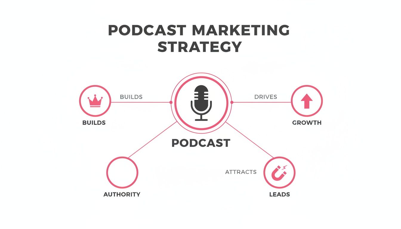 Infographic showing a podcast marketing strategy, highlighting how podcasts build authority, drive growth, and attract leads.