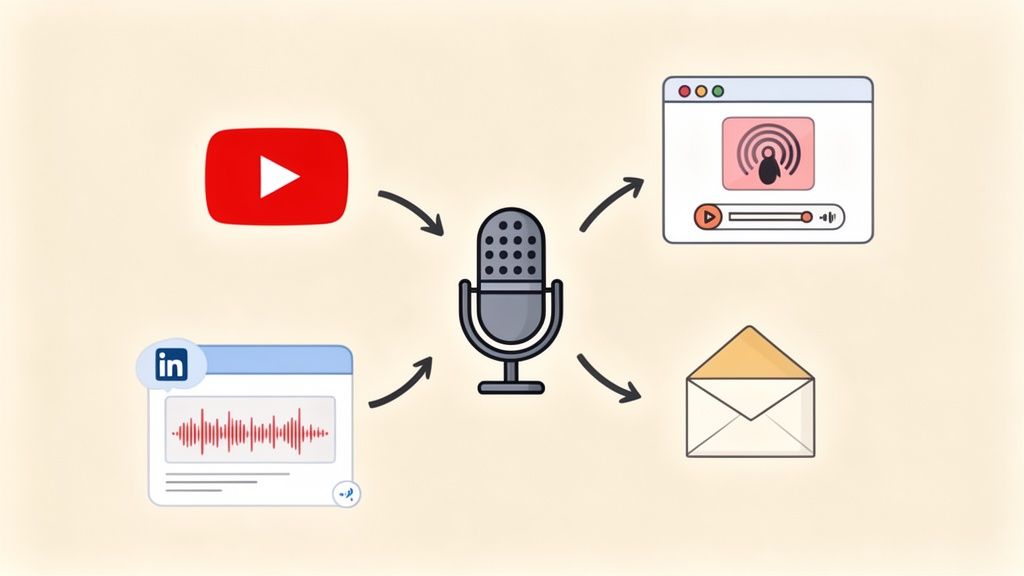 A central microphone icon connected by arrows to YouTube, a podcast player, LinkedIn audio, and an email icon, illustrating content distribution.