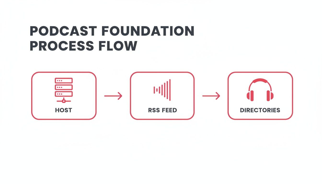 Flowchart showing the podcast foundation process from host to RSS feed and directories.