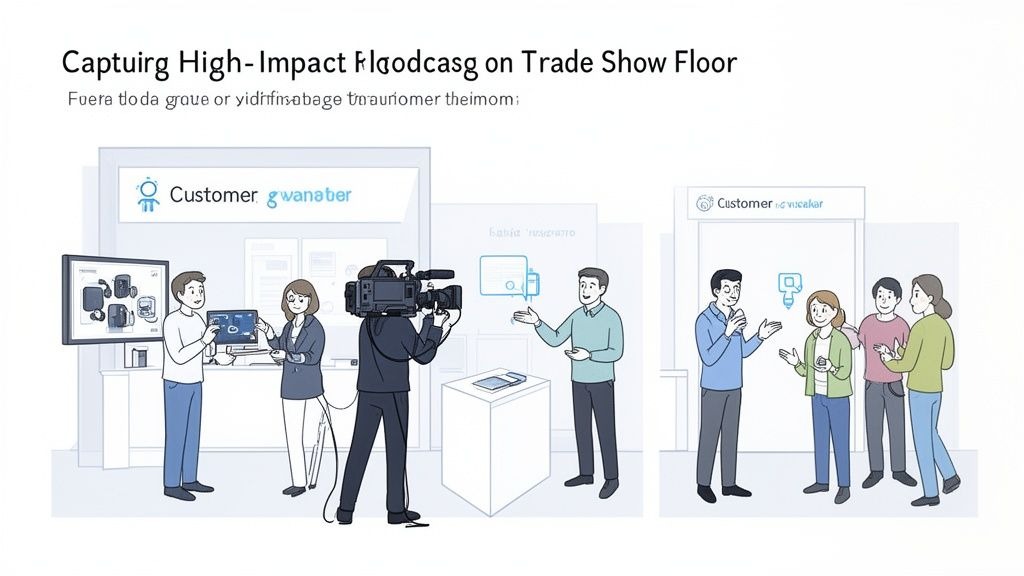 Teams presenting and being interviewed at a busy trade show, with professionals capturing video content.