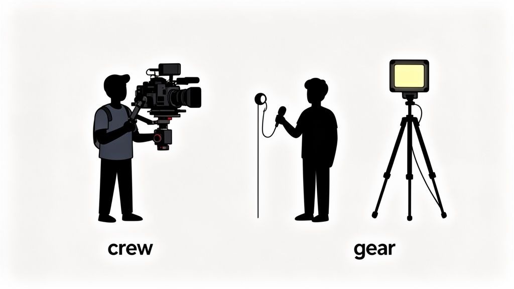Videography crew and essential gear: camera operator, sound person, camera, microphone, and studio light.