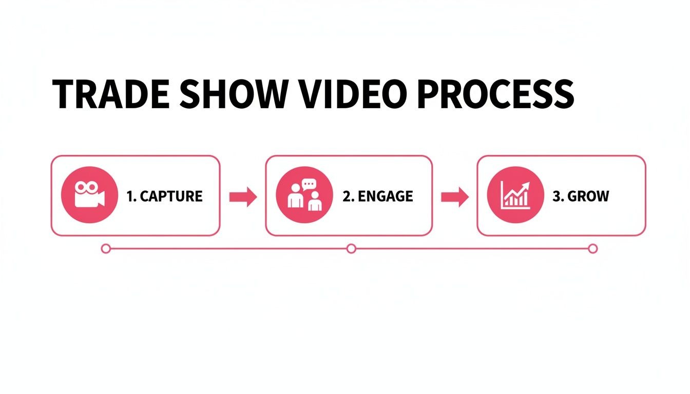 Flowchart showing a three-step trade show video process: Capture, Engage, Grow with icons.