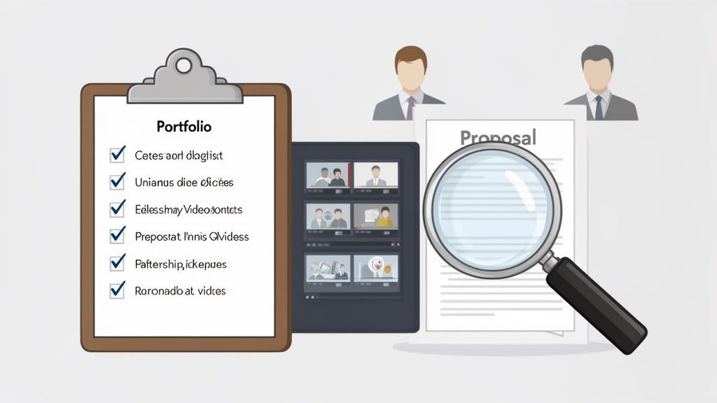A corporate scene with a portfolio checklist, video calls on a tablet, a proposal, and user icons.