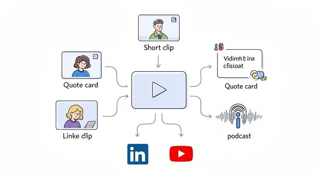 Diagram showing a central video being repurposed into short clips, quote cards, podcasts, LinkedIn, and YouTube content.