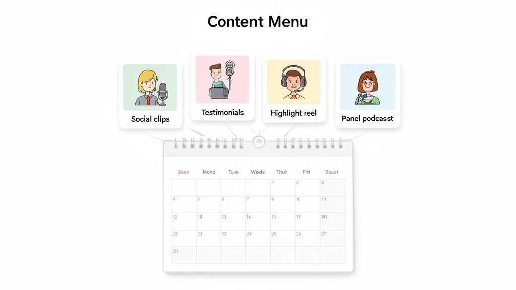 Content menu for event videography, linking social clips, testimonials, highlight reels, and podcasts to a monthly calendar for planning.