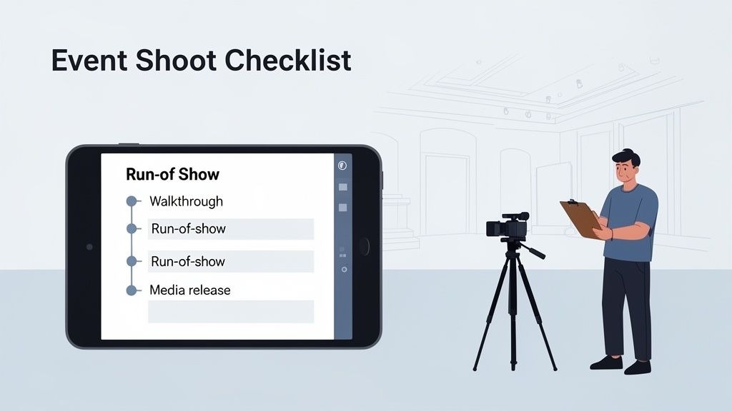 Event Shoot Checklist displayed on a tablet, with a videographer and camera setup.