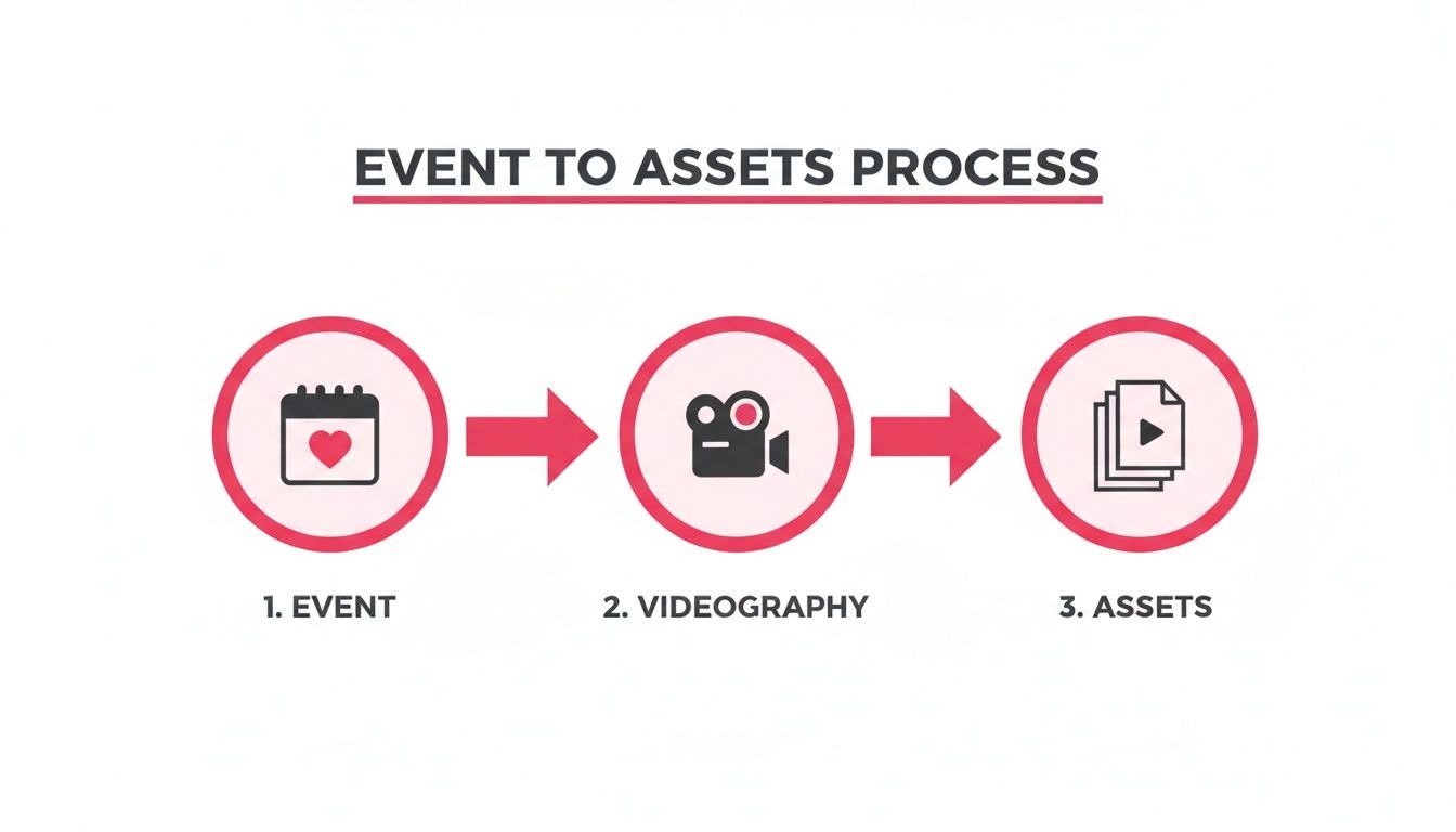 A diagram illustrates the event to assets process, showing steps from event to videography to final assets.