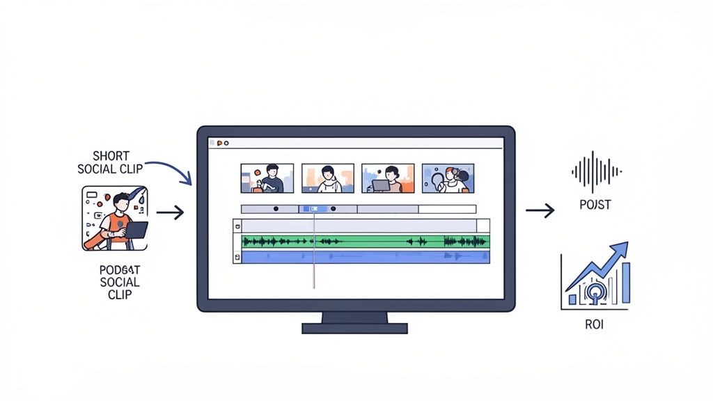 Illustration demonstrating the video editing workflow, converting short social clips into podcast posts and generating ROI.