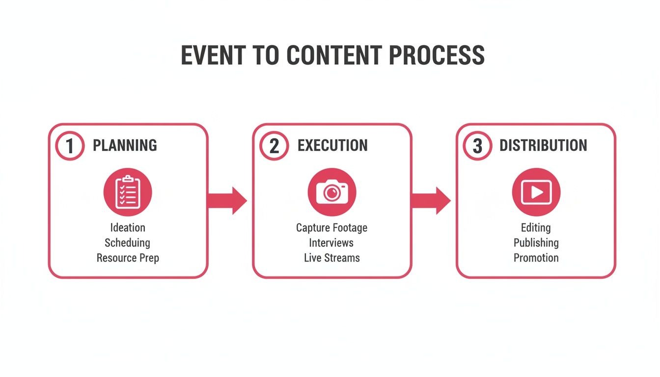 A three-step event to content process diagram showing planning, execution, and distribution phases.