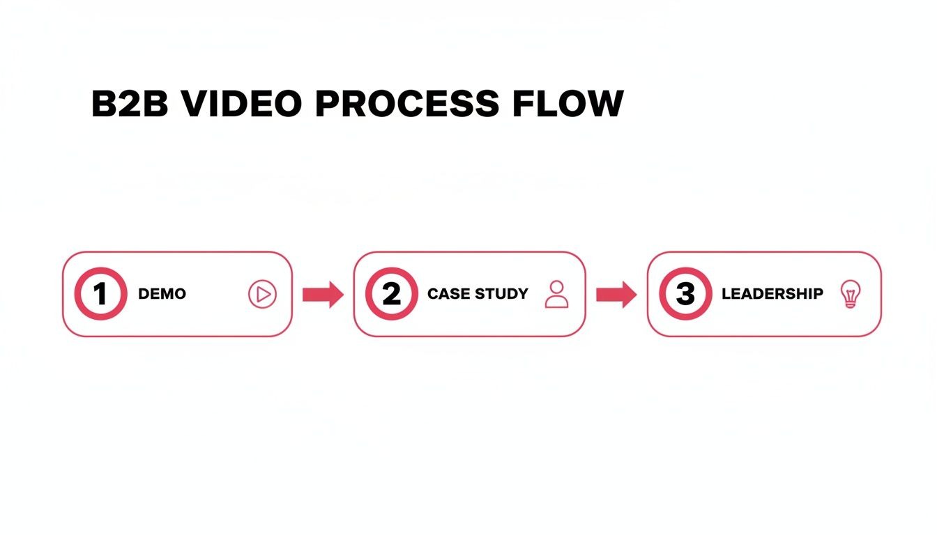 A B2B video process flow diagram showing three steps: Demo, Case Study, and Leadership, with icons.