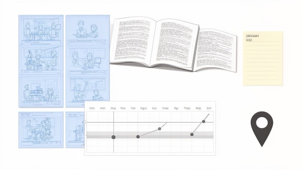 A collection of storyboards, an open book, a graph, and a map pin, illustrating a creative or planning process.