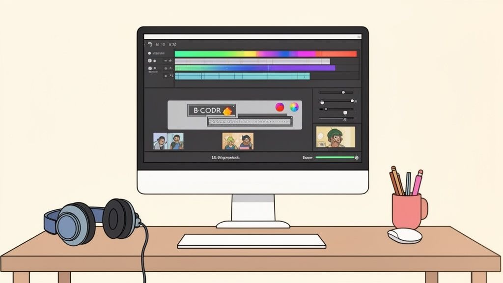 A creative workspace featuring a computer monitor displaying video editing software, headphones, keyboard, mouse, and pens on a desk.