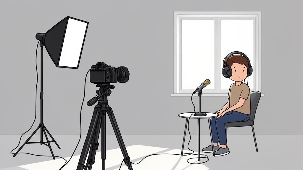 A cartoon person records a video or podcast in a home studio with a camera and softbox.